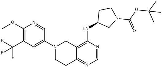 1-Pyrrolidinecarboxylic acid, 3-[[5,6,7,8-tetrahydro-6-[6-methoxy-5-(trifluoromethyl)-3-pyridinyl]pyrido[4,3-d]pyrimidin-4-yl]amino]-, 1,1-dimethylethyl ester, (3S)- 结构式