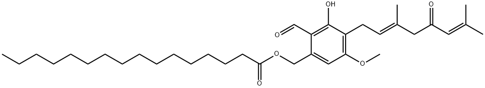 Hexadecanoic acid, [4-[(2E)-3,7-dimethyl-5-oxo-2,6-octadien-1-yl]-2-formyl-3-hydroxy-5-methoxyphenyl]methyl ester 结构式