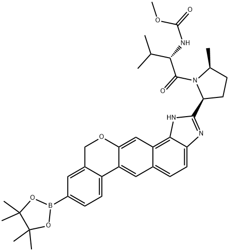 [(2S)-3-甲基-1-[(2S,5S)-2-甲基-5-[9-(4,4,5,5-四甲基-1,3,2-二氧杂环戊硼烷-2-基)-1,11-二氢异苯并吡喃并[4',3':6,7]萘并[1,2-D]咪唑-2-基]吡咯烷-1-基]-1-氧代丁烷-2-基]氨基甲酸甲酯 结构式