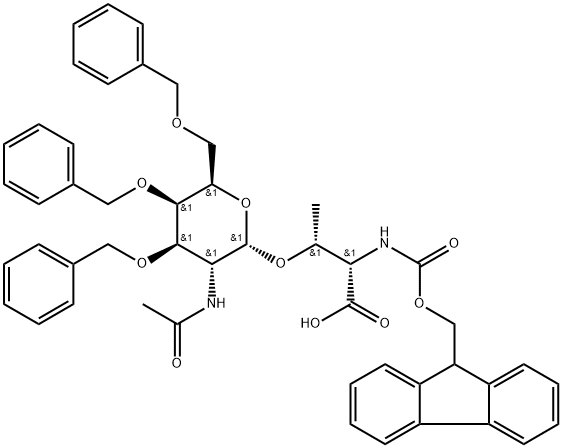 O-[2-(乙酰氨基)-2-脱氧-3,4,6-三-O-(苯基甲基)-ALPHA-D-吡喃半乳糖基]-N-[芴甲氧羰基]-L-苏氨酸 结构式