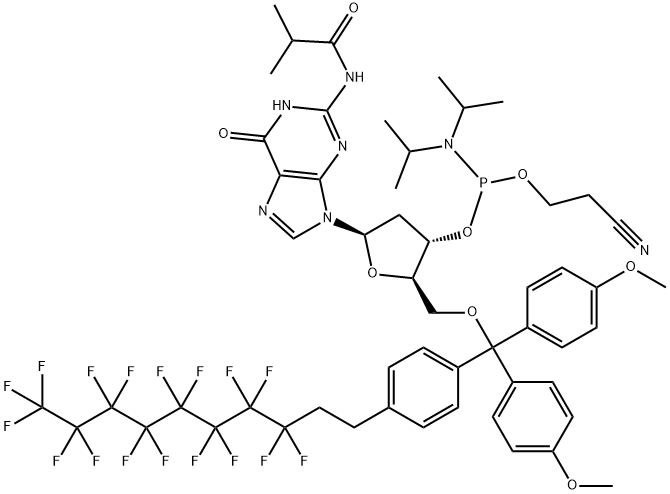 2'-Deoxy-5'-O-FDMT-N2-isobutyryl-guanosine 3'-CE phosphoramidite 结构式