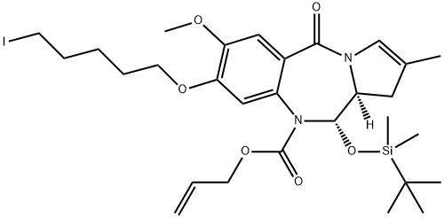 1H-Pyrrolo[2,1-c][1,4]benzodiazepine-10(5H)-carboxylic acid, 11-[[(1,1-dimethylethyl)dimethylsilyl]oxy]-11,11a-dihydro-8-[(5-iodopentyl)oxy]-7-methoxy-2-methyl-5-oxo-, 2-propen-1-yl ester, (11S,11aS)- 结构式