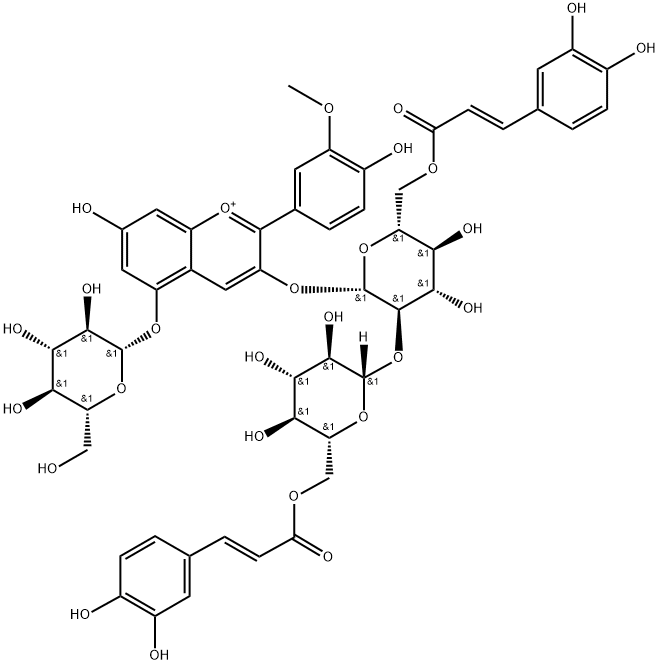 芍药色素-3-O-[6-O-(E)-咖啡酰-2-O-{6-O-咖啡酰-Β-D-葡萄糖苷}-Β-D-葡萄糖苷]-5-O-Β-D-葡萄糖苷 结构式