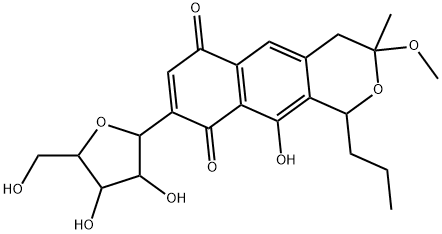 1H-Naphtho[2,3-c]pyran-6,9-dione, 3,4-dihydro-10-hydroxy-3-methoxy-3-methyl-8-pentofuranosyl-1-propyl- (9CI) 结构式