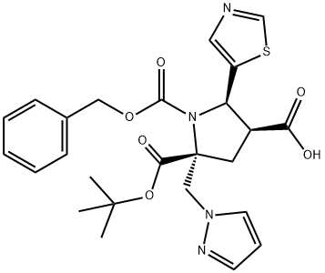 1,2,4-pyrrolidinetricarboxylic acid, 2-(1H-pyrazol-1-ylmethyl)-5-(5-thiazolyl)-, 2-(1,1-dimethylethyl) 1-(phenylmethyl) ester, (2R,4S,5R)- 结构式