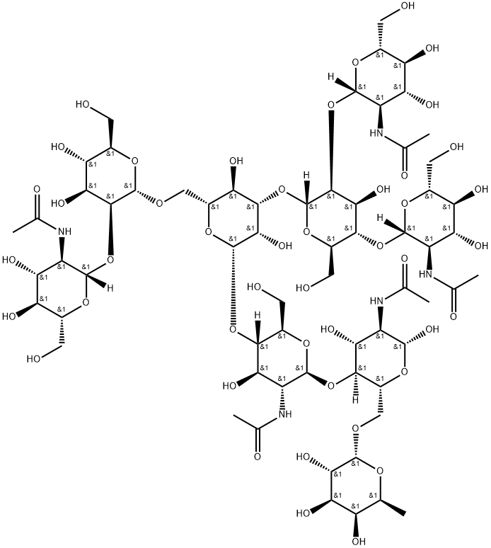 O-2-(乙酰氨基)-2-脱氧-BETA-D-吡喃葡萄糖基-(1-2)-O-ALPHA-D-甘露糖基-(1-6)-O-[2-(乙酰氨基)-2-脱氧-BETA-D-吡喃葡萄糖基-(1-2)-O-[2-(乙酰氨基)-2-脱氧-BETA-D-吡喃葡萄糖基-(1-4)]-O-ALPHA-D-甘露糖基-(1-3)]-O-BETA-D-甘露糖基-(1-4)-O-2-(乙酰氨基)-2-脱氧-BETA-D-吡喃葡萄糖基-(1-4)-O-[6-脱氧-ALPHA-L-吡喃半乳糖基-(1-6)]-2-(乙酰氨基)-2-脱氧-BETA-D-吡喃葡萄糖 结构式