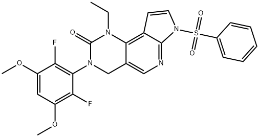 2H-Pyrrolo[3',2':5,6]pyrido[4,3-d]pyrimidin-2-one, 3-(2,6-difluoro-3,5-dimethoxyphenyl)-1-ethyl-1,3,4,7-tetrahydro-7-(phenylsulfonyl)- 结构式