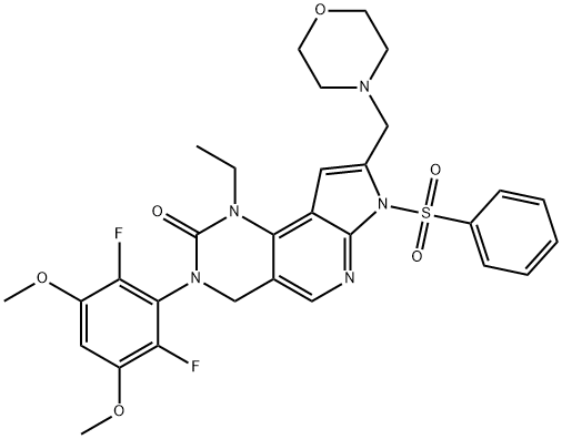 2H-Pyrrolo[3',2':5,6]pyrido[4,3-d]pyrimidin-2-one, 3-(2,6-difluoro-3,5-dimethoxyphenyl)-1-ethyl-1,3,4,7-tetrahydro-8-(4-morpholinylmethyl)-7-(phenylsulfonyl)- 结构式