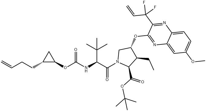 (33R,34S,35S,91R,92R,5S,E)-5-叔丁基-34-乙基-14,14-二氟-17-甲氧基-4,7-氧代-2,8-氧杂-6-氮杂-1(2,3)-喹喔啉亚基-3(3,1)-吡咯亚基-9(1,2)-环丙亚基环十四烷-12-亚烯基-35-羧酸叔丁酯 结构式