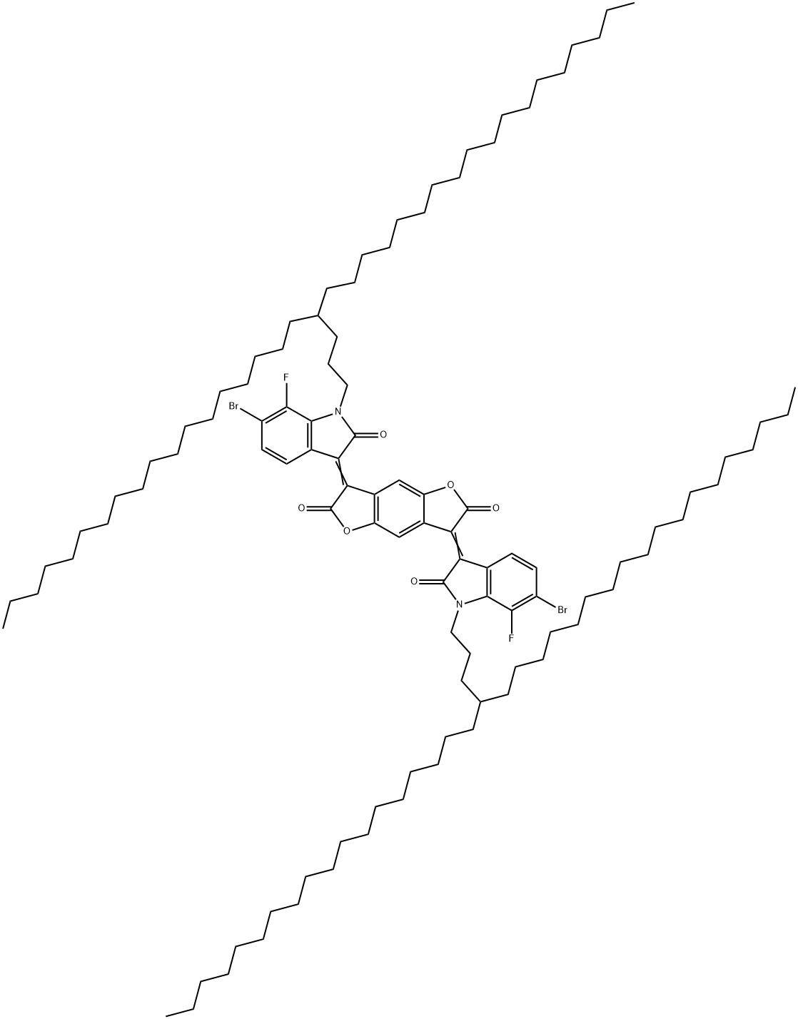 Benzo[1,2-b:4,5-b']difuran-2,6-dione, 3,7-bis[6-bromo-7-fluoro-1,2-dihydro-1-(4-octadecyldocosyl)-2-oxo-3H-indol-3-ylidene]-3,7-dihydro- 结构式