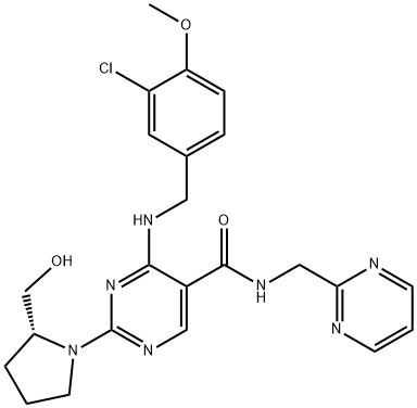 4-[[(3-氯-4-甲氧基苯基)甲基]氨基]-2-[(2R)-2-(羟甲基)-1-吡咯烷基]-N-(2-嘧啶基甲基)-5-嘧啶甲酰胺 结构式