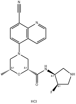 2-MORPHOLINECARBOXAMIDE,4-(8-CYANO-5-QUINOLINYL)-N-((3S,4R) -4- FLUORO-3-PYRROLIDINYL)-6-METHYL-, HY 结构式