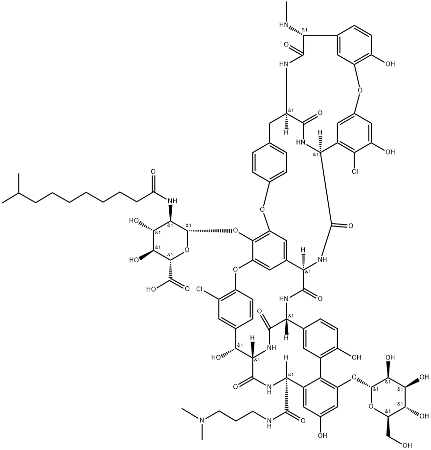 Ristomycin A aglycone, 5,31-dichloro-38-de(methoxycarbonyl)-7-demethyl-19-deoxy-56-O-[2-deoxy-2-[(9-methyl-1-oxodecyl)amino]-β-D-glucopyranuronosyl]-38-[[[3-(dimethylamino)propyl]amino]carbonyl]-42-O-α-D-mannopyranosyl-N15-methyl- (9CI) 结构式