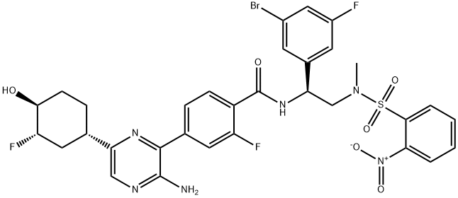 Benzamide, 4-[3-amino-6-[(1S,3S,4S)-3-fluoro-4-hydroxycyclohexyl]-2-pyrazinyl]-N-[(1S)-1-(3-bromo-5-fluorophenyl)-2-[methyl[(2-nitrophenyl)sulfonyl]amino]ethyl]-2-fluoro- 结构式