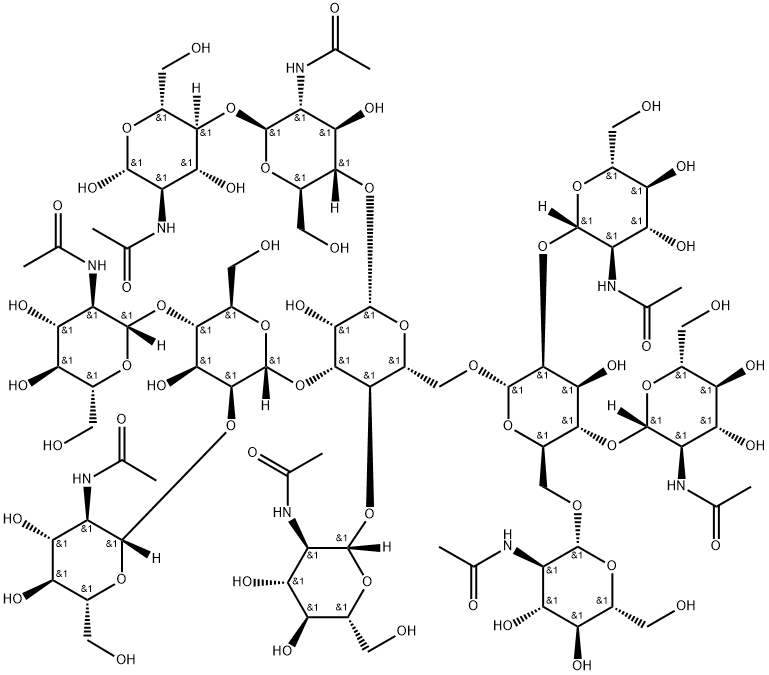 O-2-(乙酰氨基)-2-脱氧-BETA-D-吡喃葡萄糖基-(1-4)-O-[O-2-(乙酰氨基)-2-脱氧-BETA-D-吡喃葡萄糖基-(1-2)-O-[2-(乙酰氨基)-2-脱氧-BETA-D-吡喃葡萄糖基-(1-4)]-O-[2-(乙酰氨基)-2-脱氧-BETA-D-吡喃葡萄糖基-(1-6)]-ALPHA-D-甘露糖基-(1-6)]-O-[O-2-(乙酰氨基)-2-脱氧-BETA-D-吡喃葡萄糖基-(1-2)-O-[2-(乙酰氨基)-2-脱氧-BETA-D-吡喃葡萄糖基-(1-4)]-ALPHA-D-甘露糖基-(1-3)]-O-BETA-D-甘露糖基-(1-4)-O-2-(乙酰氨基)-2 结构式