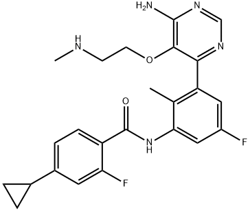 N-[3-[6-氨基-5-[2-(甲氨基)乙氧基]-4-嘧啶基]-5-氟-2-甲基苯基]-4-环丙基-2-氟苯甲酰胺 结构式