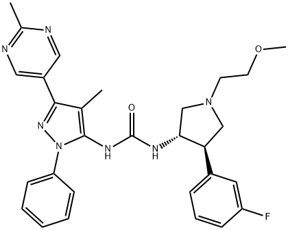 Urea, N-[(3S,4R)-4-(3-fluorophenyl)-1-(2-methoxyethyl)-3-pyrrolidinyl]-N'-[4-methyl-3-(2-methyl-5-pyrimidinyl)-1-phenyl-1H-pyrazol-5-yl]- 结构式