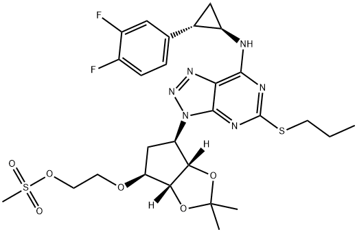 Ethanol, 2-[[(3aR,4S,6R,6aS)-6-[7-[[(1R,2S)-2-(3,4-difluorophenyl)cyclopropyl]amino]-5-(propylthio)-3H-1,2,3-triazolo[4,5-d]pyrimidin-3-yl]tetrahydro-2,2-dimethyl-4H-cyclopenta-1,3-dioxol-4-yl]oxy]-, 1-methanesulfonate 结构式