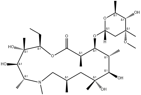 1-Oxa-6-azacyclopentadecan-15-one, 13-[(2,6-dideoxy-3-C-methyl-3-O-methyl-α-L-ribo-hexopyranosyl)oxy]-2-ethyl-3,4,10,11-tetrahydroxy-3,5,6,8,10,12,14-heptamethyl-, (2R,3S,4R,5R,8R,10R,11R,12R,13S,14R)- 结构式