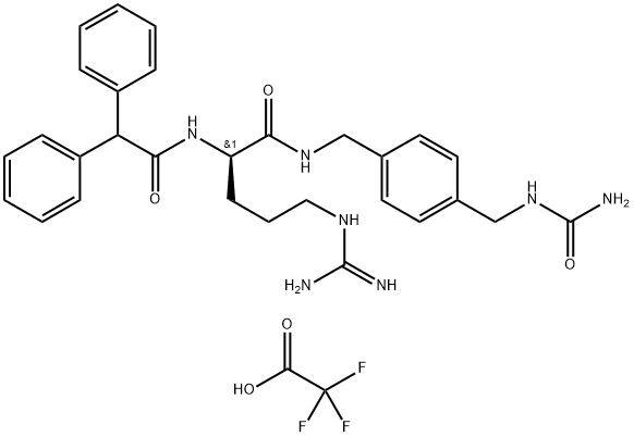 N-[(1R)-1-[[[[4-[[(Aminocarbonyl)amino]methyl]phenyl]methyl]amino]carbonyl]-4-[(aminoiminomethyl)amino]butyl]-α-phenyl-benzeneacetamideditrifluoroacetate 结构式