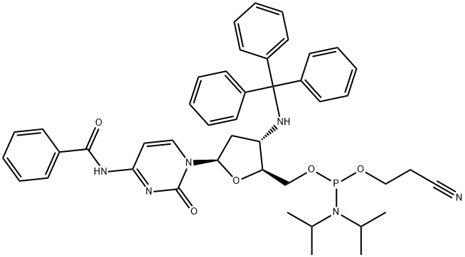 N4-benzoyl-3'-(trityl)amino-2', 3'-dideoxycytidine-5'-cyanoethyl Phosphoramidite 结构式