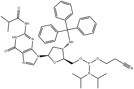 N2-isobutyryl-3'-(trityl)amino-2', 3'-dideoxyguanosine-5'-cyanoethyl Phosphoramidite 结构式