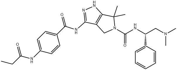 Pyrrolo[3,4-c]pyrazole-5(1H)-carboxamide, N-[(1S)-2-(dimethylamino)-1-phenylethyl]-4,6-dihydro-6,6-dimethyl-3-[[4-[(1-oxopropyl)amino]benzoyl]amino]- 结构式