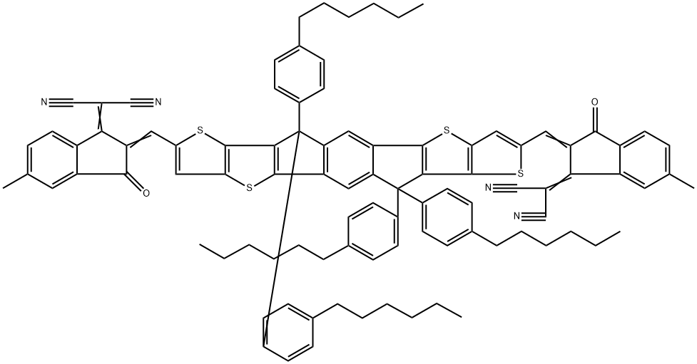 丙二腈,2,2′-[[6,6,12,12-四(4-己基苯基)-6,12-二氢二噻吩并[2,3-D:2′,3′-D′]-S-茚二苯[ 1,2-B:5,6-B']二噻吩-2,8-二基]双[亚甲基(5-甲基-3-氧代-1H-茚-2,1(3H)-二亚基)]]双- 结构式