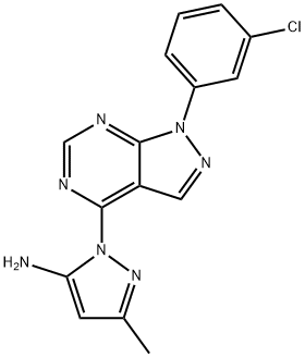1-[1-(3-氯苯基)-1H-吡唑并[3,4-D]嘧啶-4-基]-3-甲基-1H-吡唑-5-胺 结构式