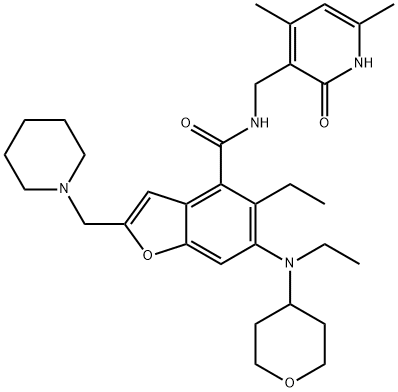 N-[(4,6-dimethyl-2-oxo-1H-pyridin-3-yl)methyl]-5-ethyl-6-[ethyl(tetrahydropyran-4-yl)amino]-2-(1-piperidylmethyl)benzofuran-4-carboxamide 结构式