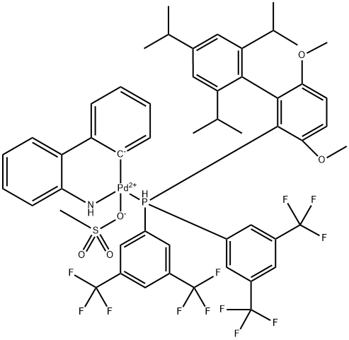 甲烷磺酸[1,2-双(3,5-二(三氟甲基)苯基膦基)-3,6-二甲氧基-2',4',6'-三异丙基-1,1'-联苯(2'-氨基 -1,1'-联苯-2-基)钯(II) 结构式