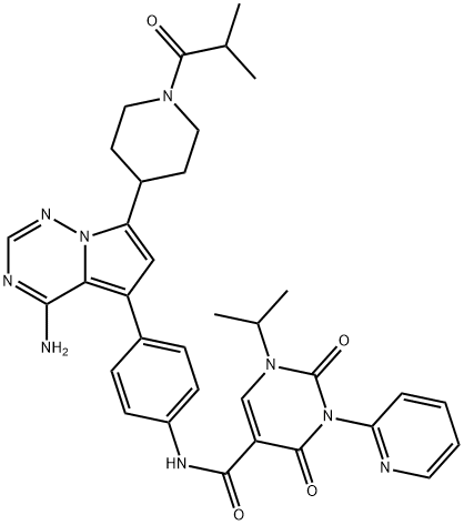 5-Pyrimidinecarboxamide, N-[4-[4-amino-7-[1-(2-methyl-1-oxopropyl)-4-piperidinyl]pyrrolo[2,1-f][1,2,4]triazin-5-yl]phenyl]-1,2,3,4-tetrahydro-1-(1-methylethyl)-2,4-dioxo-3-(2-pyridinyl)- 结构式