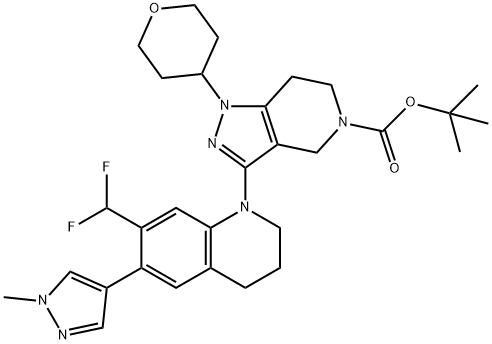 5H-Pyrazolo[4,3-c]pyridine-5-carboxylic acid, 3-[7-(difluoromethyl)-3,4-dihydro-6-(1-methyl-1H-pyrazol-4-yl)-1(2H)-quinolinyl]-1,4,6,7-tetrahydro-1-(tetrahydro-2H-pyran-4-yl)-, 1,1-dimethylethyl ester 结构式