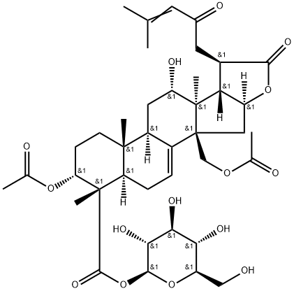 3α,30-Diacetyloxy-12α-hydroxy-23-oxoeupha-7,24-dien-21,16β-olid-28-oic acid 28-O-β-D-glucopyranosyl ester 结构式