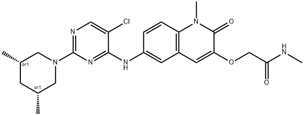 顺式-2-((6-((5-氯-2-(3,5-二甲基哌嗪-1-基)嘧啶-4-基)氨基)-1-甲基-2-氧代-1,2-二氢喹啉-3-基)氧基)-N-甲基乙酰胺 结构式