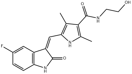 1H-Pyrrole-3-carboxamide, 5-[(Z)-(5-fluoro-1,2-dihydro-2-oxo-3H-indol-3-ylidene)methyl]-N-(2-hydroxyethyl)-2,4-dimethyl- 结构式
