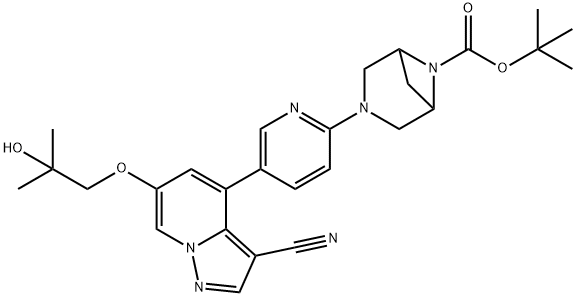 3-(5-(3-氰基-6-(2-羟基-2-甲基丙氧基)吡唑并[1,5-A]吡啶-4-基)吡啶-2-基)-3,6-二氮杂双环[3.1.1]庚烷-6-羧酸叔丁酯 结构式