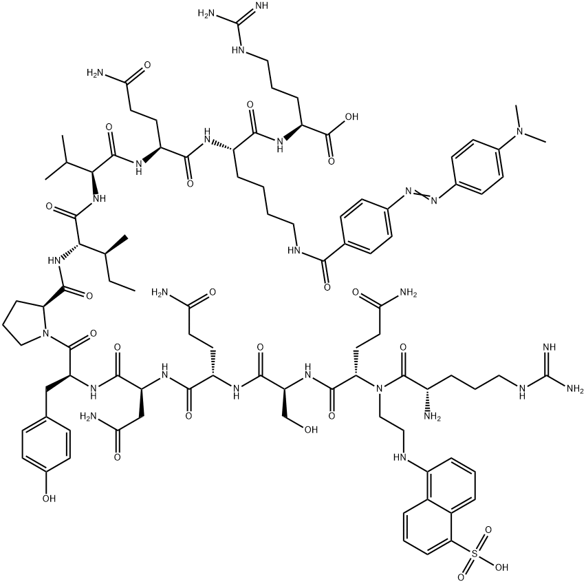 L-Arginine, L-arginyl-N-[2-[(5-sulfo-1-naphthalenyl)amino]ethyl]-L-glutaminyl-L-seryl-L-glutaminyl-L-asparaginyl-L-tyrosyl-L-prolyl-L-isoleucyl-L-valyl-L-glutaminyl-N6-[4-[2-[4-(dimethylamino)phenyl]diazenyl]benzoyl]-L-lysyl- 结构式