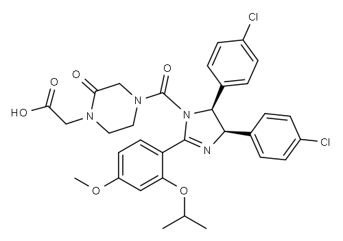 2-(4-((4R,5S)-4,5-双(4-氯苯基)-2-(2-异丙氧基-4-甲氧基苯基)-4,5-二氢-1H-咪唑-1-羰基)-2-氧代哌嗪-1-基)乙酸 结构式