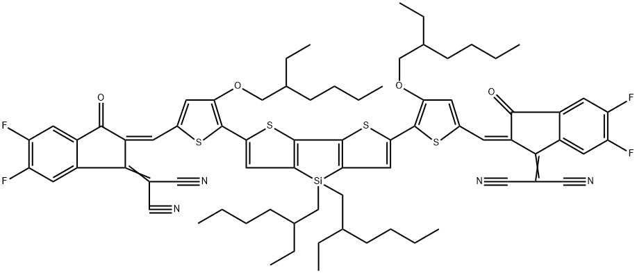 2,2'-((2Z,2'Z)-(((4,4-bis(2-ethylhexyl)-4H-silolo[3,2-b:4,
5-b']dithiophene-2,6-diyl)bis(4-((2-ethylhexyl)oxy)thio
phene-5,2-diyl))bis(methanylylidene))bis(5,6-difluoro- 3-oxo-2,3-dihydro-1H-indene-2,1-diylidene))dimalono
nitrile 结构式
