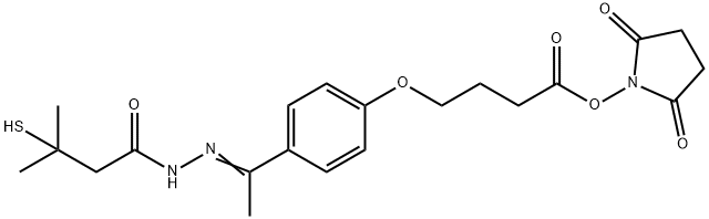 Butanoic acid, 3-mercapto-3-methyl-, 2-[1-[4-[4-[(2,5-dioxo-1-pyrrolidinyl)oxy]-4-oxobutoxy]phenyl]ethylidene]hydrazide 结构式