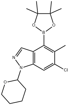 6-氯-5-甲基-1-(四氢-2H-吡喃-2-基)-4-(4,4,5,5-四甲基-1,3,2-二氧硼杂环戊烷-2-基)-1H- 吲唑 结构式