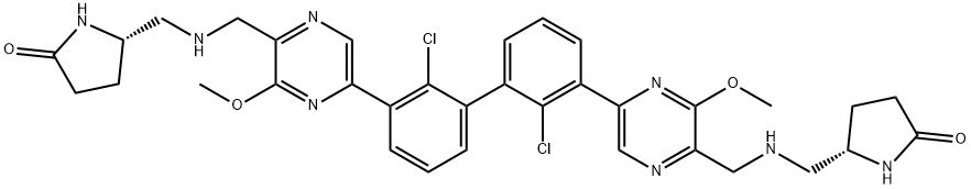 (5S,5'S)-5,5'-((((5,5'-(2,2'-dichloro-[1,1'-biphenyl]-3,3'-diyl)bis(3-methoxypyrazine-5,2-diyl))bis(methylene))bis(azanediyl))bis(methylene))bis(pyrrolidin-2-one) 结构式