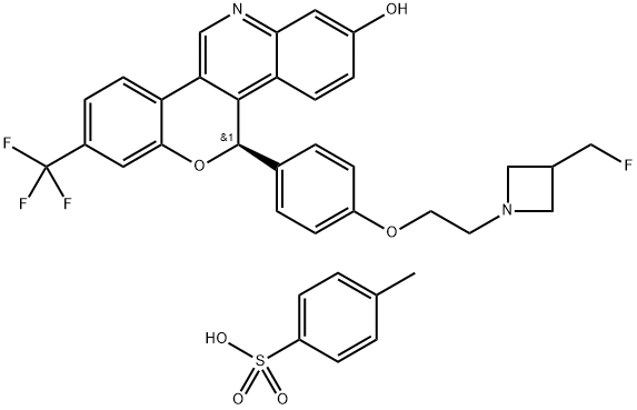(R)-5-(4-(2-(3-(fluoromethyl)azetidin-1-yl)ethoxy)phenyl)-8-(trifluoromethyl)-5H-chromeno[4,3-c]quinolin-2-ol 4-methylbenzenesulfonate 结构式