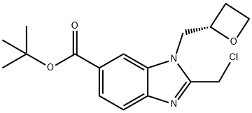 (S)-2-(氯甲基)-1-(氧杂环丁烷-2-基甲基)苯并咪唑-6-甲酸叔丁酯 结构式