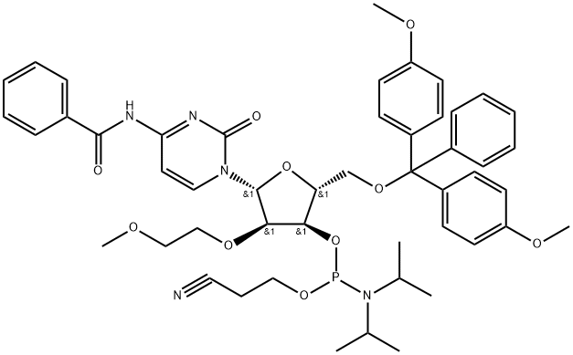 N-苯甲酰基-5'-O-[二(4-甲氧基苯基)苯基甲基]-2'-O-(2-甲氧基乙基)-胞苷 3'-[2-氰基乙基二异丙基氨基膦酸酯] 结构式