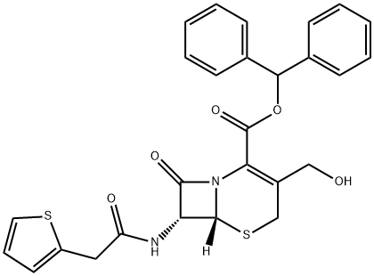 5-Thia-1-azabicyclo[4.2.0]oct-2-ene-2-carboxylic acid, 3-(hydroxymethyl)-8-oxo-7-[[2-(2-thienyl)acetyl]amino]-, diphenylmethyl ester, (6R,7R)- 结构式