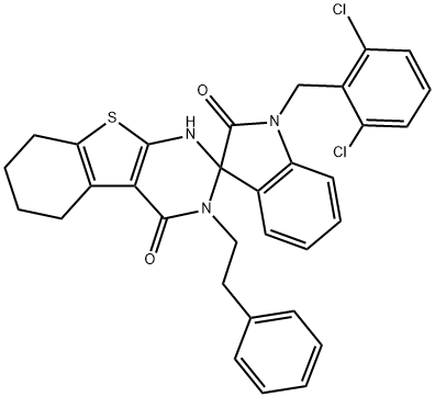 1'-[(2,6-dichlorophenyl)methyl]-3-(2-phenylethyl)spiro[5,6,7,8-tetrahydro-1H-[1]benzothiolo[2,3-d]pyrimidine-2,3'-indole]-2',4-dione 结构式