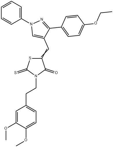 (5Z)-3-[2-(3,4-dimethoxyphenyl)ethyl]-5-[[3-(4-ethoxyphenyl)-1-phenylpyrazol-4-yl]methylidene]-2-sulfanylidene-1,3-thiazolidin-4-one 结构式