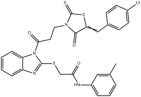 2-[1-[3-[(5E)-5-[(4-chlorophenyl)methylidene]-4-oxo-2-sulfanylidene-1,3-thiazolidin-3-yl]propanoyl]benzimidazol-2-yl]sulfanyl-N-(3-methylphenyl)acetamide 结构式